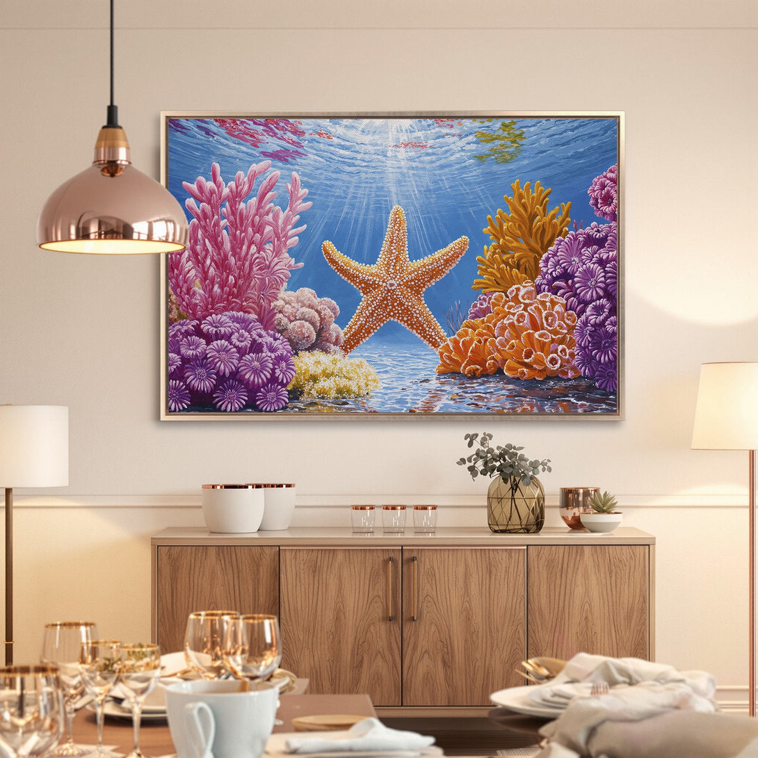 Framed Wall Art: Vibrant starfish and coral reef scene in blue, pink, orange, and purple. Coastal style Canvas Print for a touch of ocean beauty.