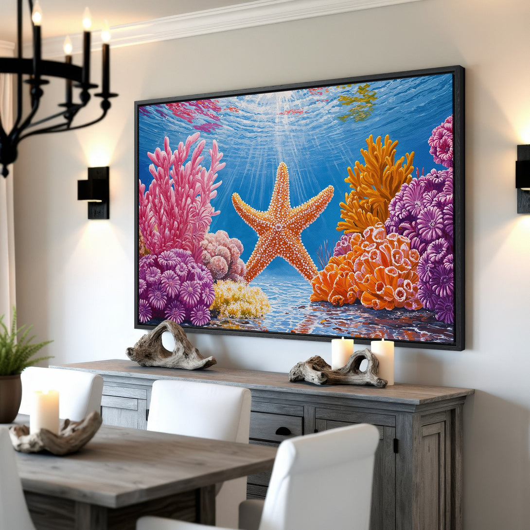 Framed Wall Art: Vibrant underwater scene with starfish & coral in a blue, pink, and orange color palette. Bring the ocean to your home!