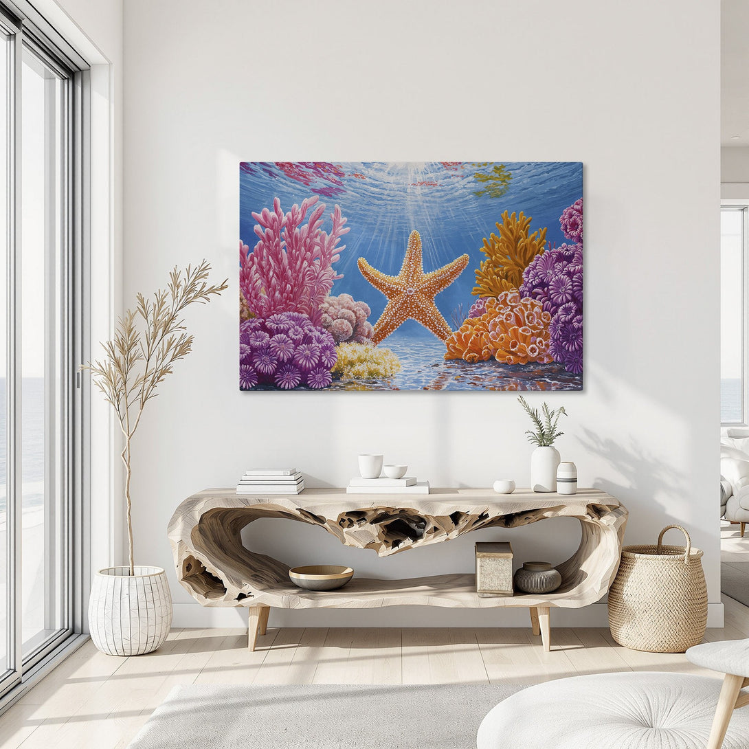 Framed Wall Art: Stunning underwater scene Canvas Print featuring a starfish & vibrant coral reef. Blue, pink, orange, & purple color palette. Perfect coastal decor.