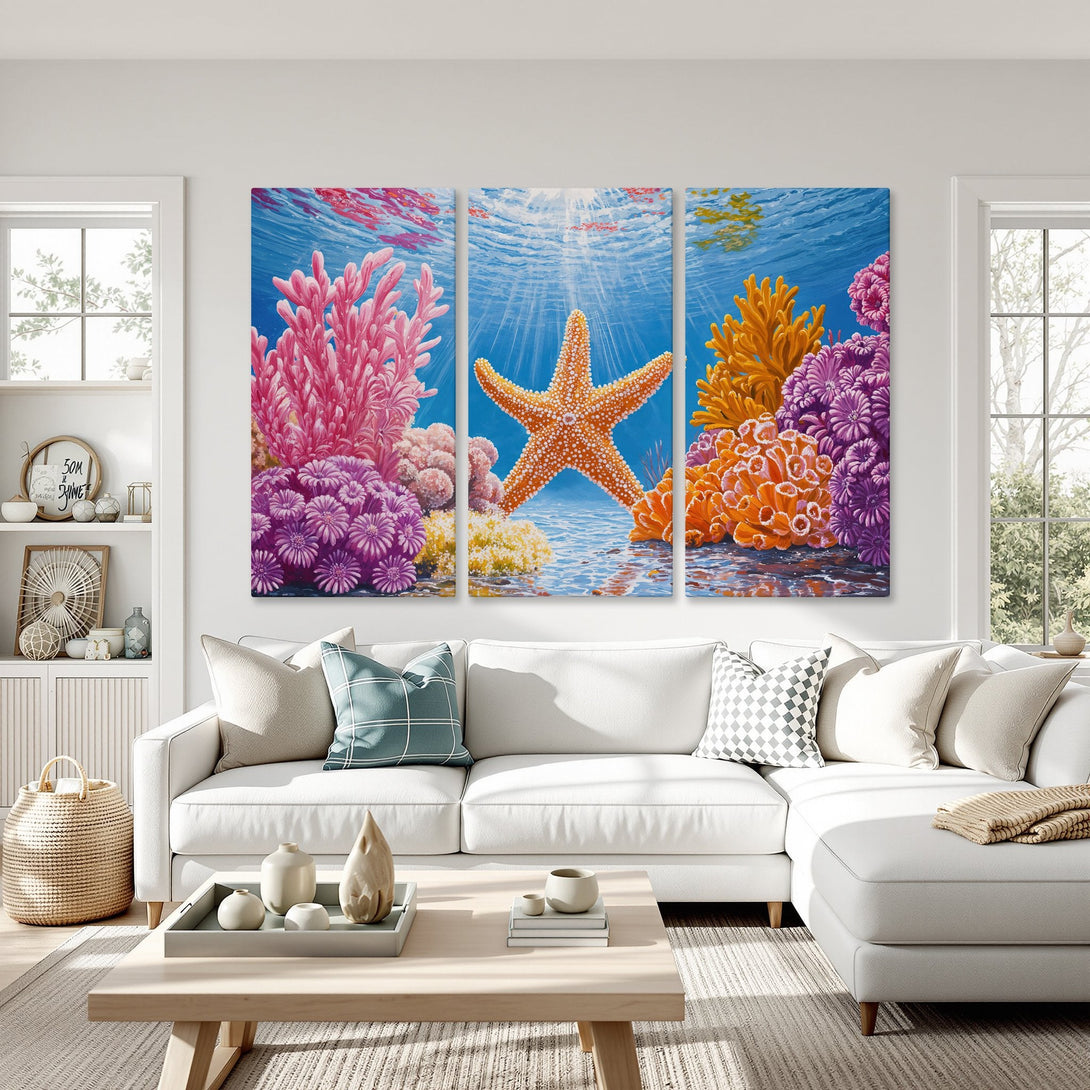 Canvas Print of a vibrant underwater scene with a starfish and colorful coral. Coastal style art with a blue, pink, and orange palette.