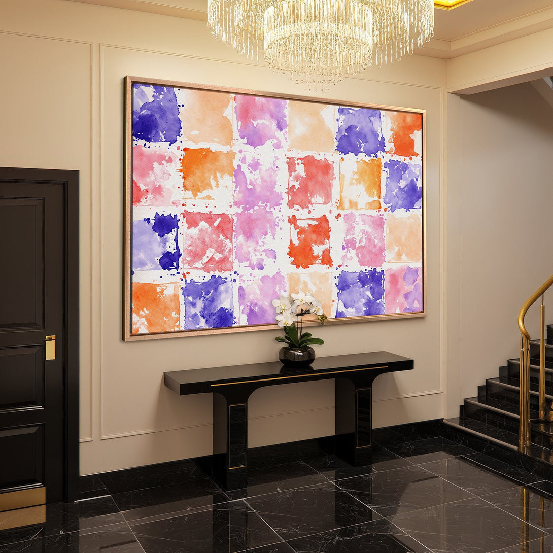 Framed Wall Art: Abstract watercolor canvas print in a modern entryway. Features a colorful palette of pink, orange, and blue. Elevate your space!