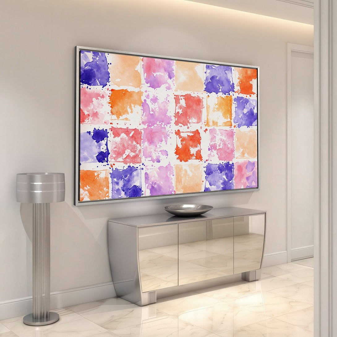 Framed Wall Art: Abstract watercolor squares in vibrant orange, purple, and pink. Modern art for home decor, adding a pop of color to any interior.