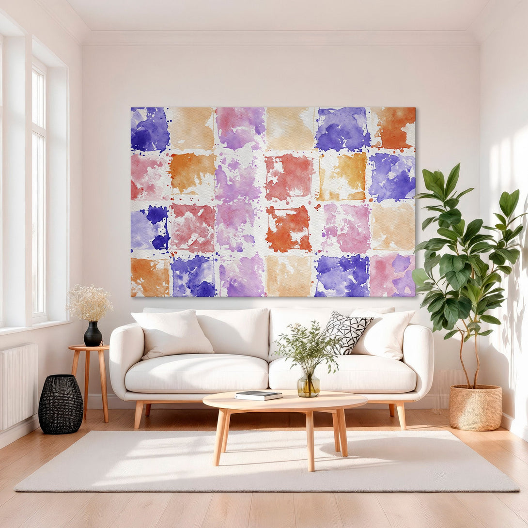 Framed Wall Art: Abstract watercolor squares in vibrant pinks, oranges, and blues. Modern art for home decor, displayed in a luxurious interior.