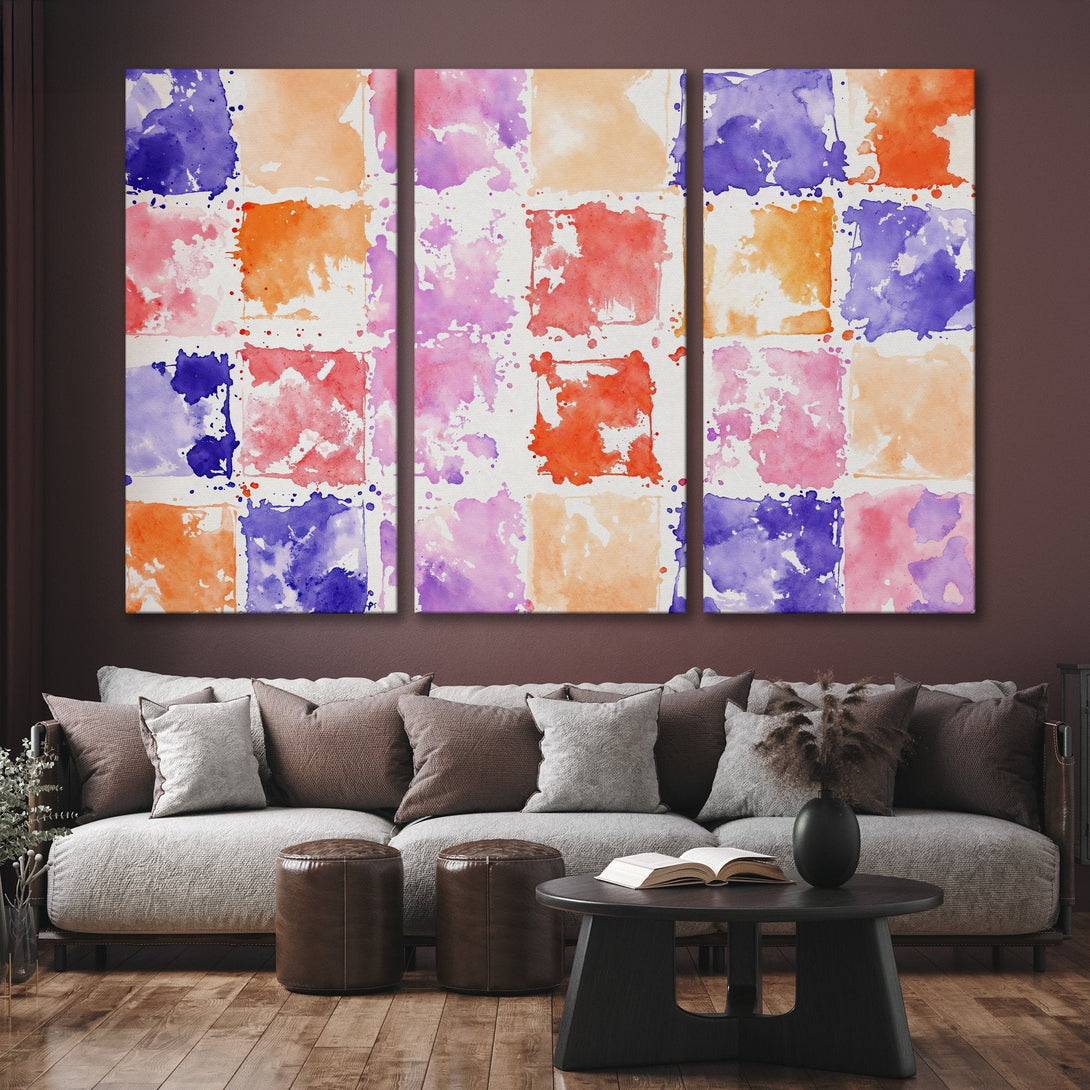 Abstract watercolor Canvas Print in vibrant orange, pink, and blue hues. Modern art for living room decor.