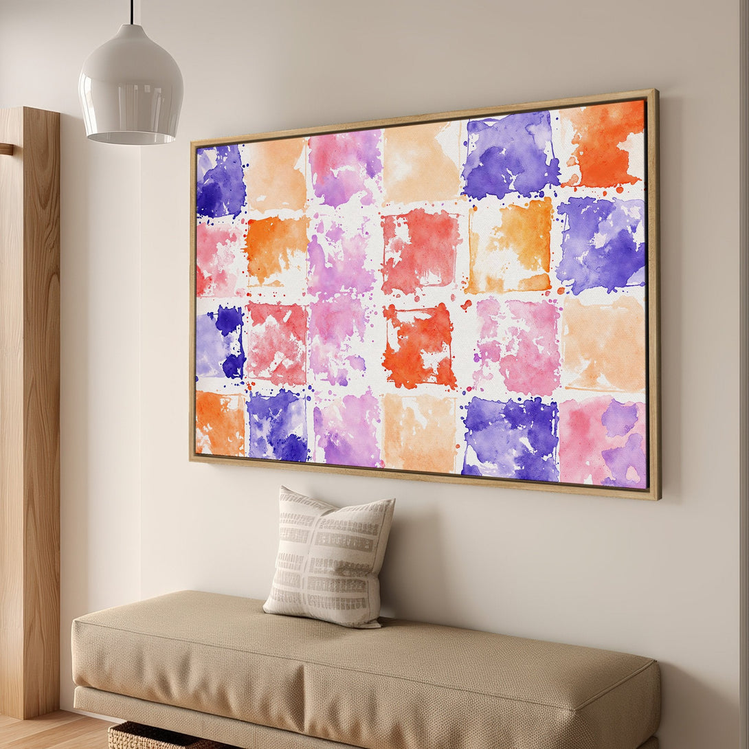 Framed Wall Art featuring abstract watercolor squares in vibrant orange, purple, and pink hues. Modern art for home decor.