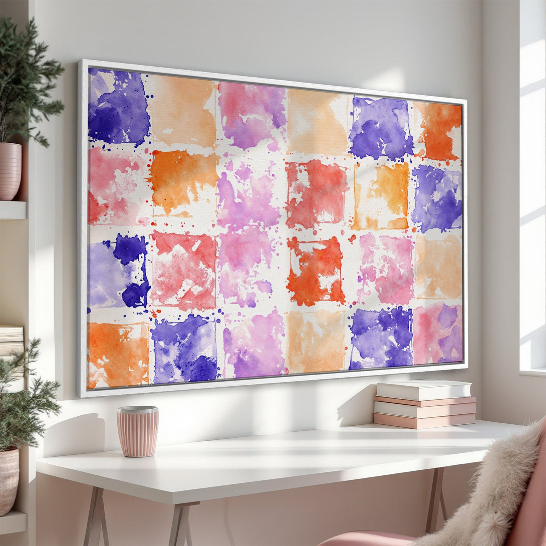 Framed Wall Art: Abstract watercolor painting in a modern interior. Features a colorful palette of pinks, oranges, and blues. Perfect for adding a pop of color!