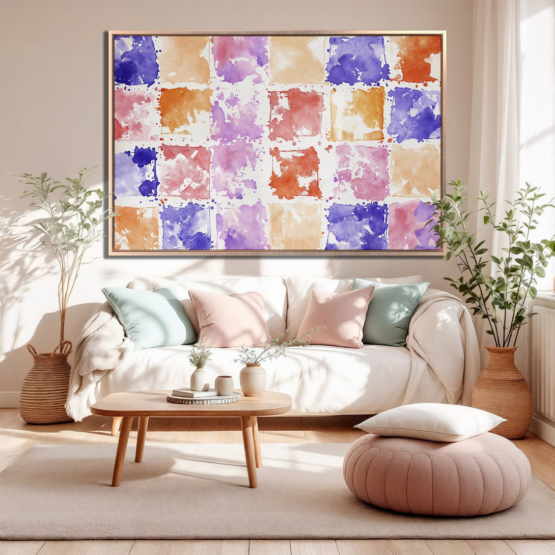 Framed Wall Art: Abstract watercolor squares in warm tones of orange, pink, and blue. Modern art for living room decor.