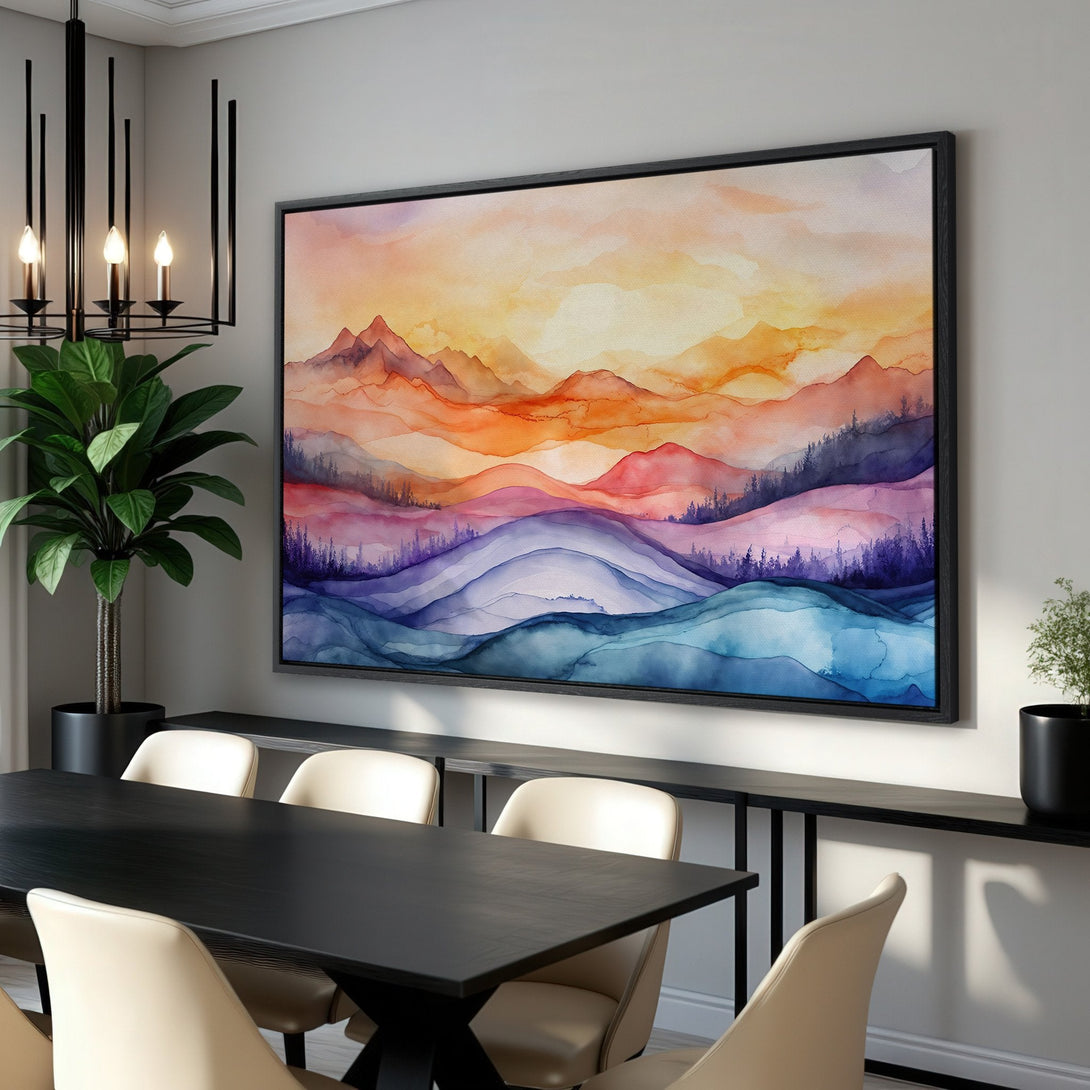 Framed Wall Art: Watercolor mountain landscape in warm orange, purple, and blue tones. Modern art for your home decor.