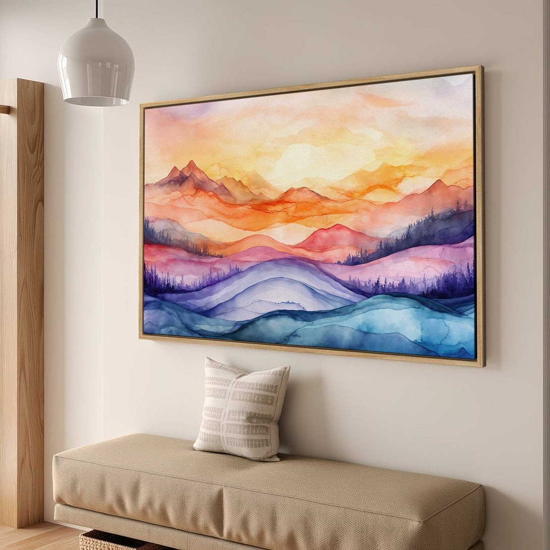 Framed Wall Art: Watercolor mountains in warm orange, purple, and blue hues. Modern art Canvas Print for home decor.