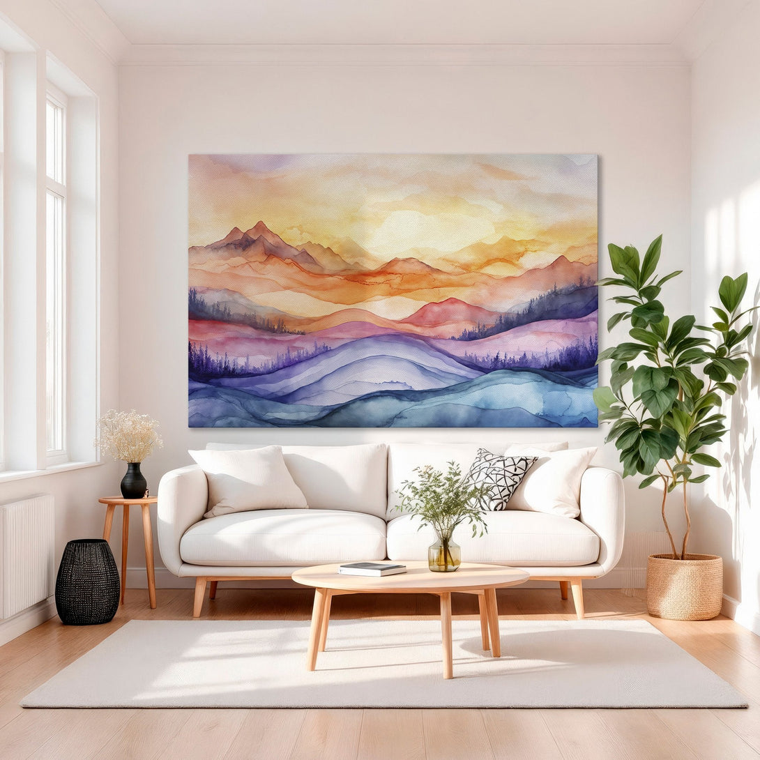 Framed Wall Art: Watercolor mountain landscape in warm orange, pink, and blue hues. Stylish canvas print for modern home decor.