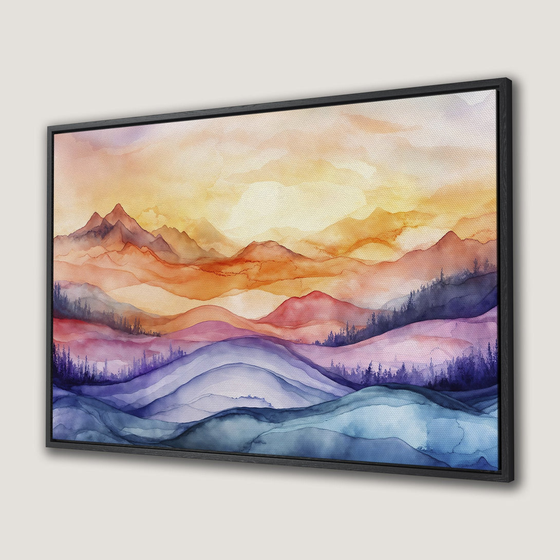 Framed Wall Art: Watercolor mountain landscape in warm orange, pink, and blue hues. Perfect for adding a touch of nature-inspired art to your home.