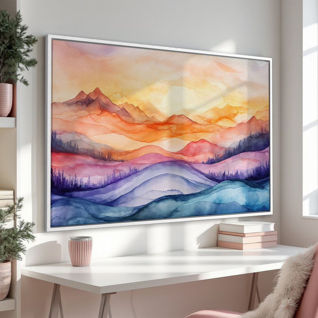 Framed Wall Art featuring a watercolor mountain landscape in warm sunset colors. Add a touch of serenity to your home with this stunning canvas print.