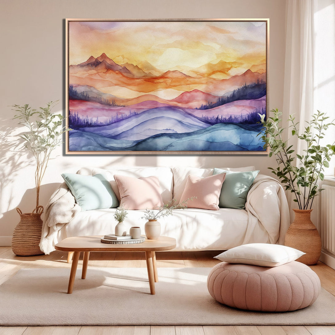 Framed Wall Art: Watercolor landscape Canvas Print in warm sunset hues. Adds a touch of serenity to any room. Shop now for art that inspires!