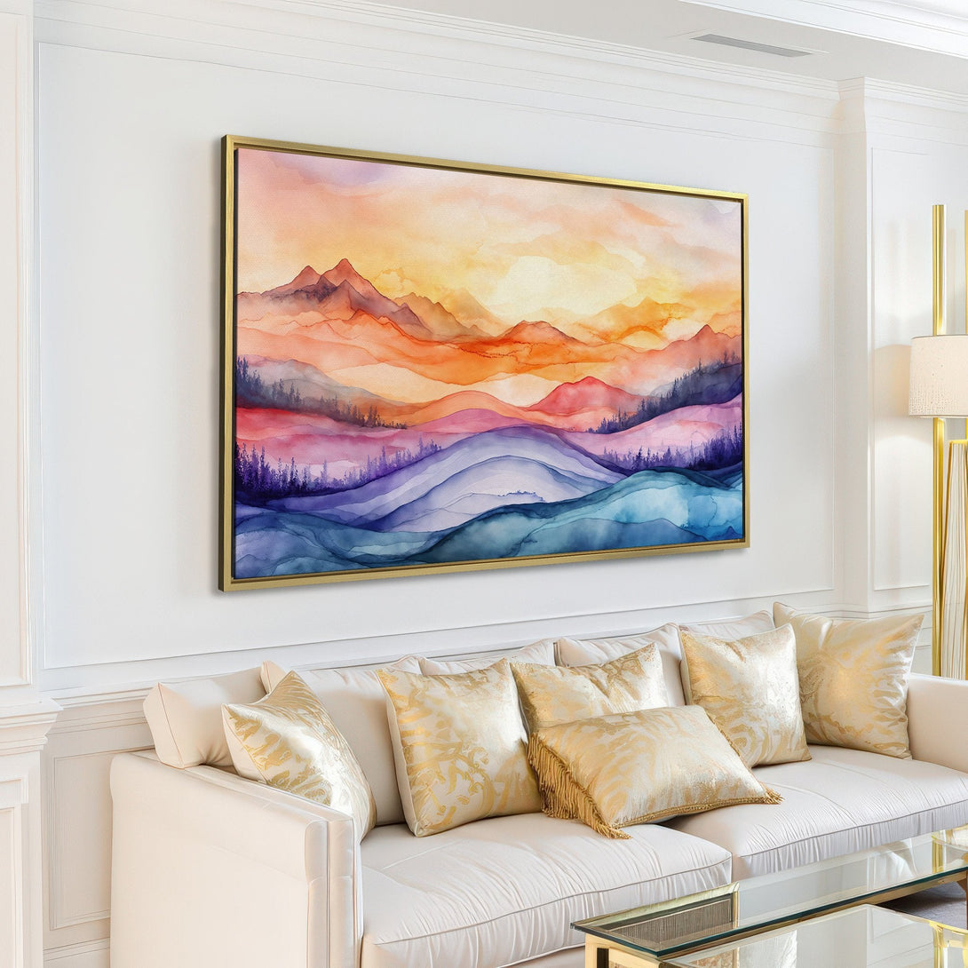 Canvas Print of a watercolor mountain landscape in warm sunset hues. Modern wall art with a calming, colorful palette.