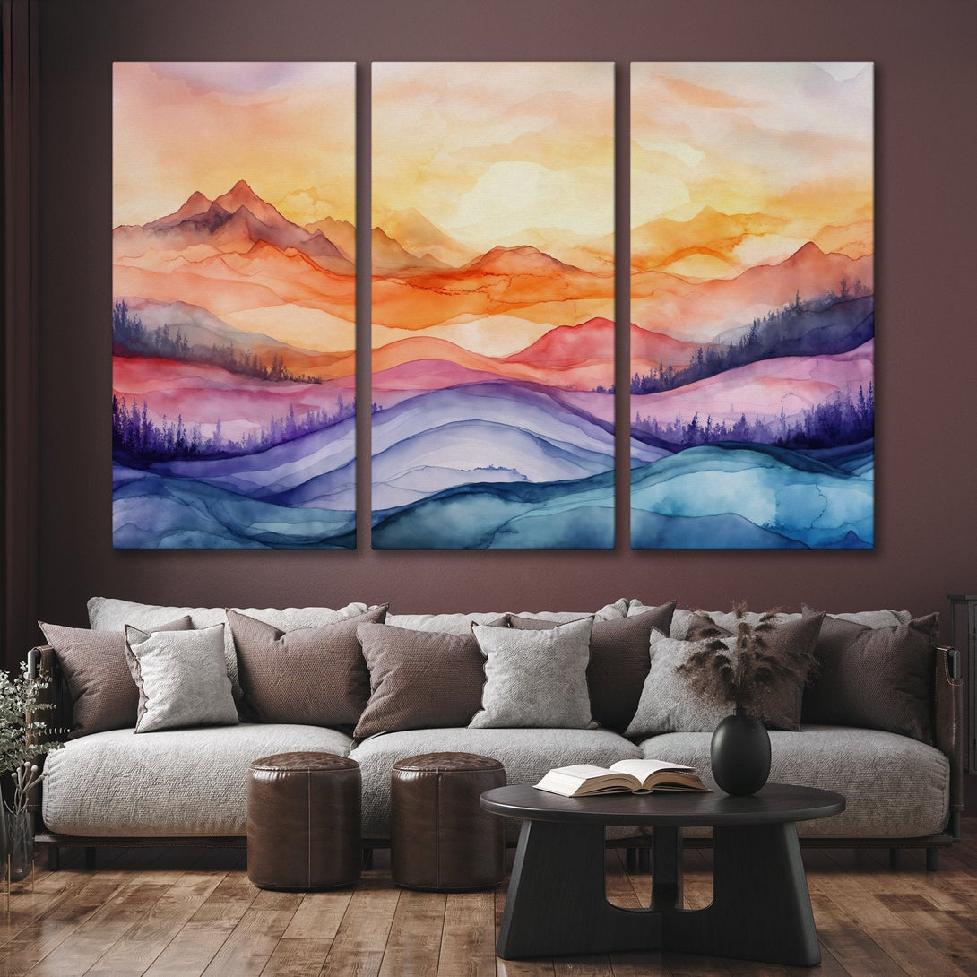 Canvas Print of abstract watercolor landscape art in warm orange, pink, and blue hues, perfect for modern interior decor.