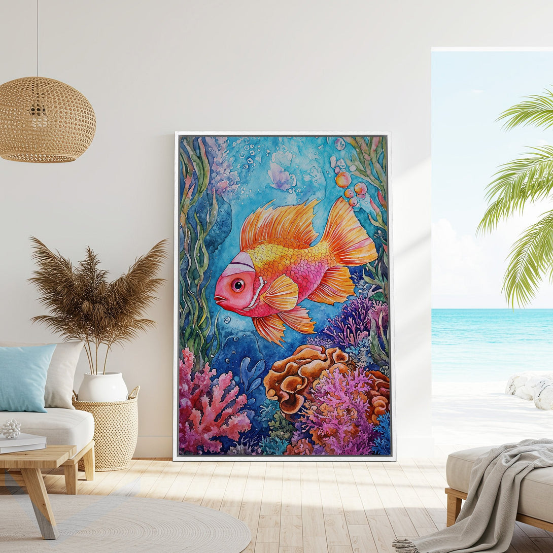 Framed Wall Art: Watercolor fish painting in vibrant coral, blue, and orange hues. Coastal style Canvas Print perfect for beach house decor.