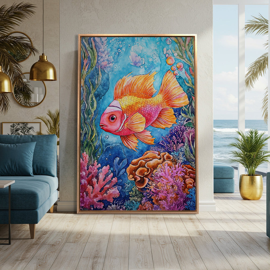Framed Wall Art featuring a vibrant watercolor fish in an underwater scene, with a colorful coral reef. Adds a pop of color to any room.