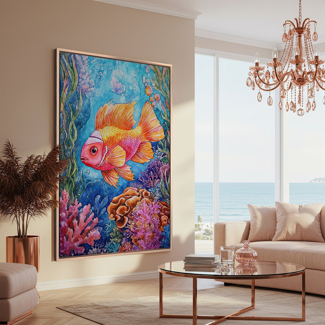 Framed Wall Art: Watercolor fish painting in a coastal living room. Vibrant blues, oranges, and pinks create a stunning, artistic Canvas Print.