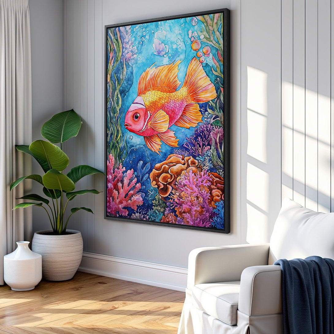 Framed Wall Art featuring a vibrant watercolor fish in an underwater scene. Colorful coral & blue hues add a splash of art to your home decor.