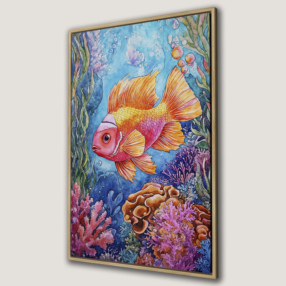 Framed Wall Art: Watercolor painting of a vibrant goldfish swimming in a colorful coral reef. Features a blue, orange, and pink color palette. Perfect for coastal decor.