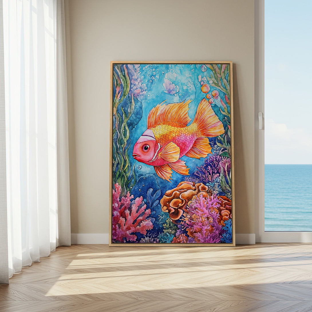 Framed Wall Art: Watercolor fish art in vibrant blues, pinks, and oranges. Adds a splash of ocean-inspired color to any space. Perfect for coastal decor.