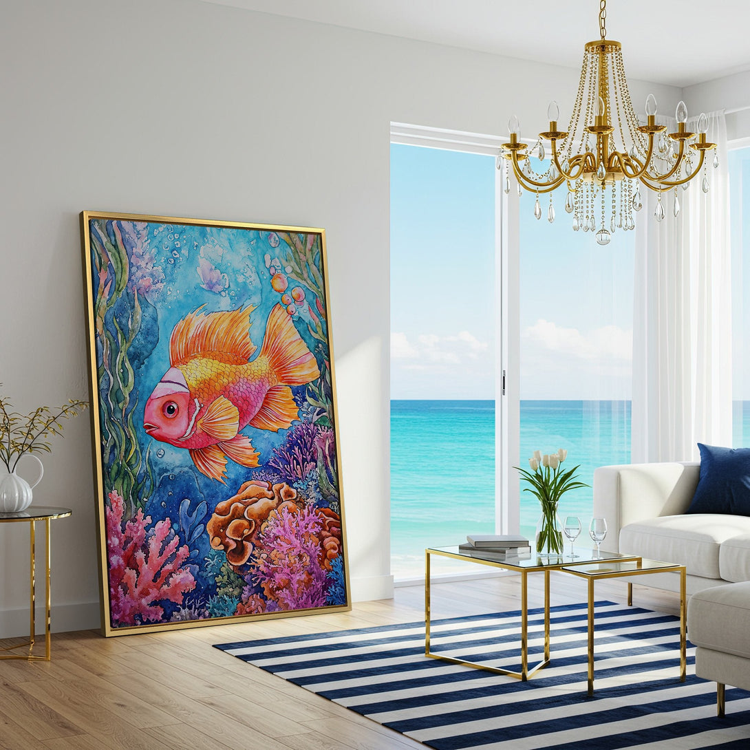 Canvas Print of a vibrant watercolor fish in an underwater scene. Features a blue, orange, and pink color palette, perfect for coastal decor.