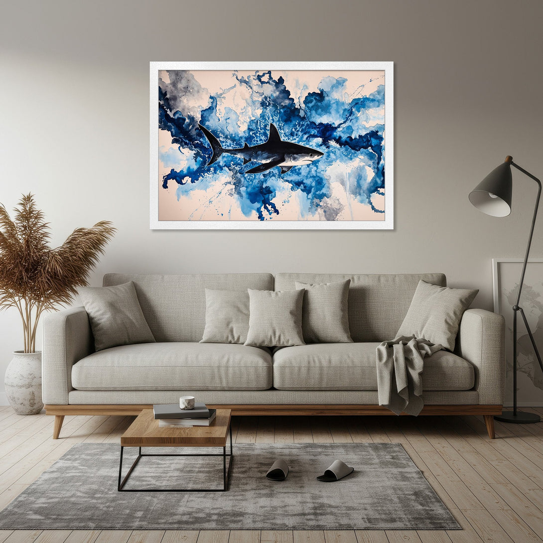 Framed Poster featuring a shark in abstract blue watercolor style. Perfect ocean artwork for your home decor.