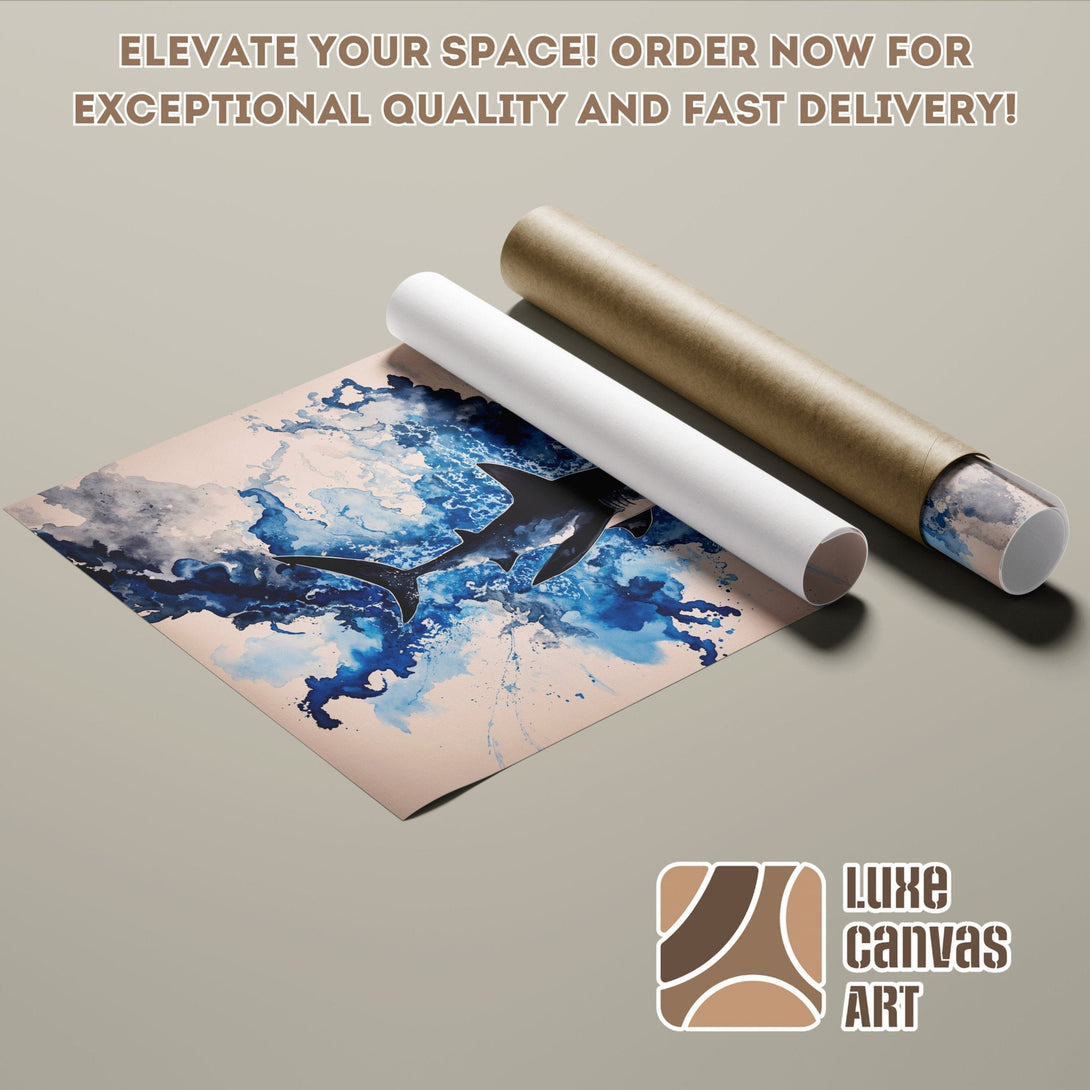 Shark Poster Roll, abstract watercolor art in blue and neutral tones. Elevate your space!