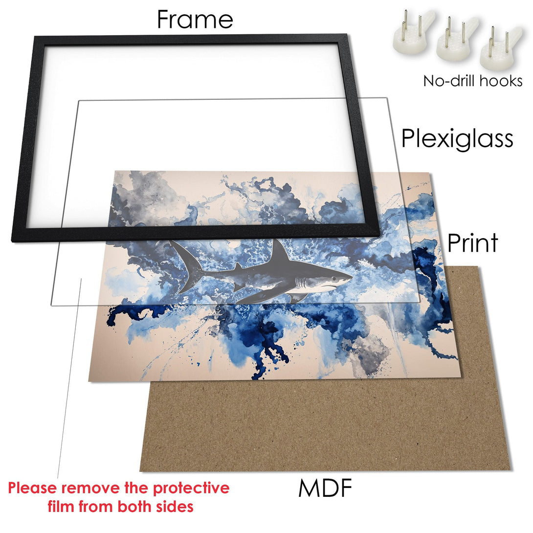 Framed Poster featuring a shark in watercolor style, blue and neutral color palette. Perfect wall art!