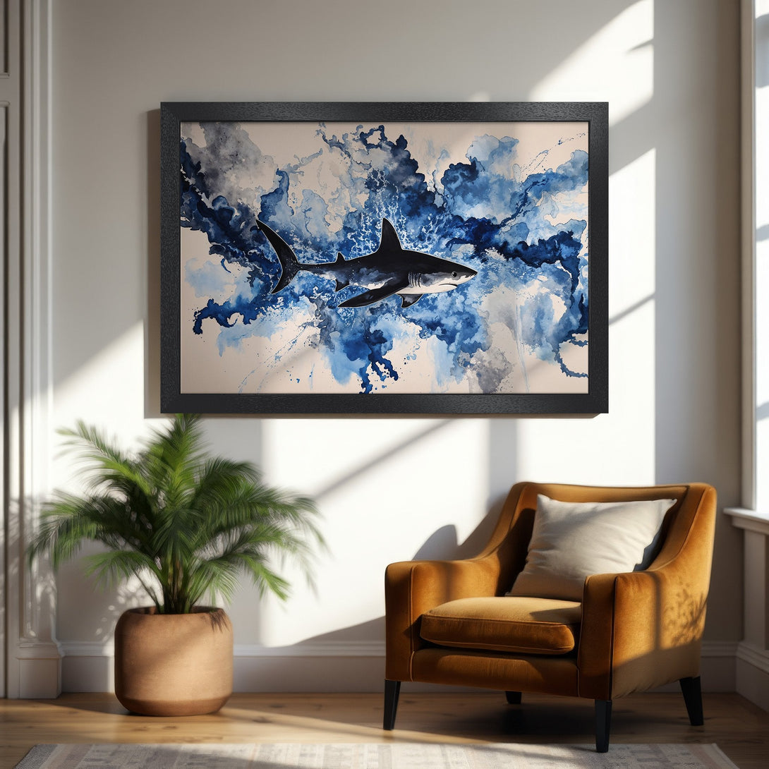 Framed Poster featuring a watercolor shark in blue and white. Modern art print perfect for coastal decor.