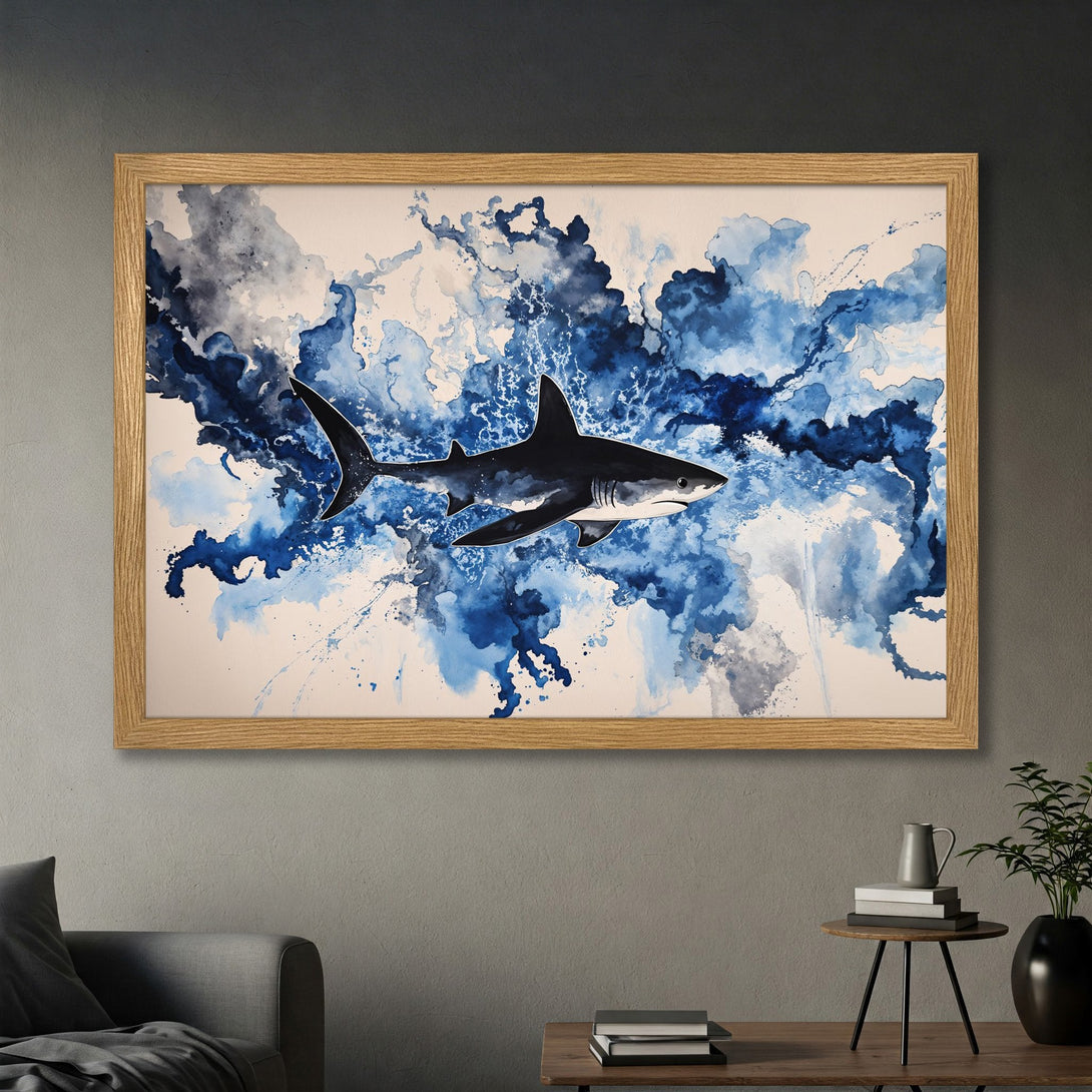 Framed Poster featuring a watercolor shark in blue and white abstract style. Perfect ocean-themed wall art for your home.