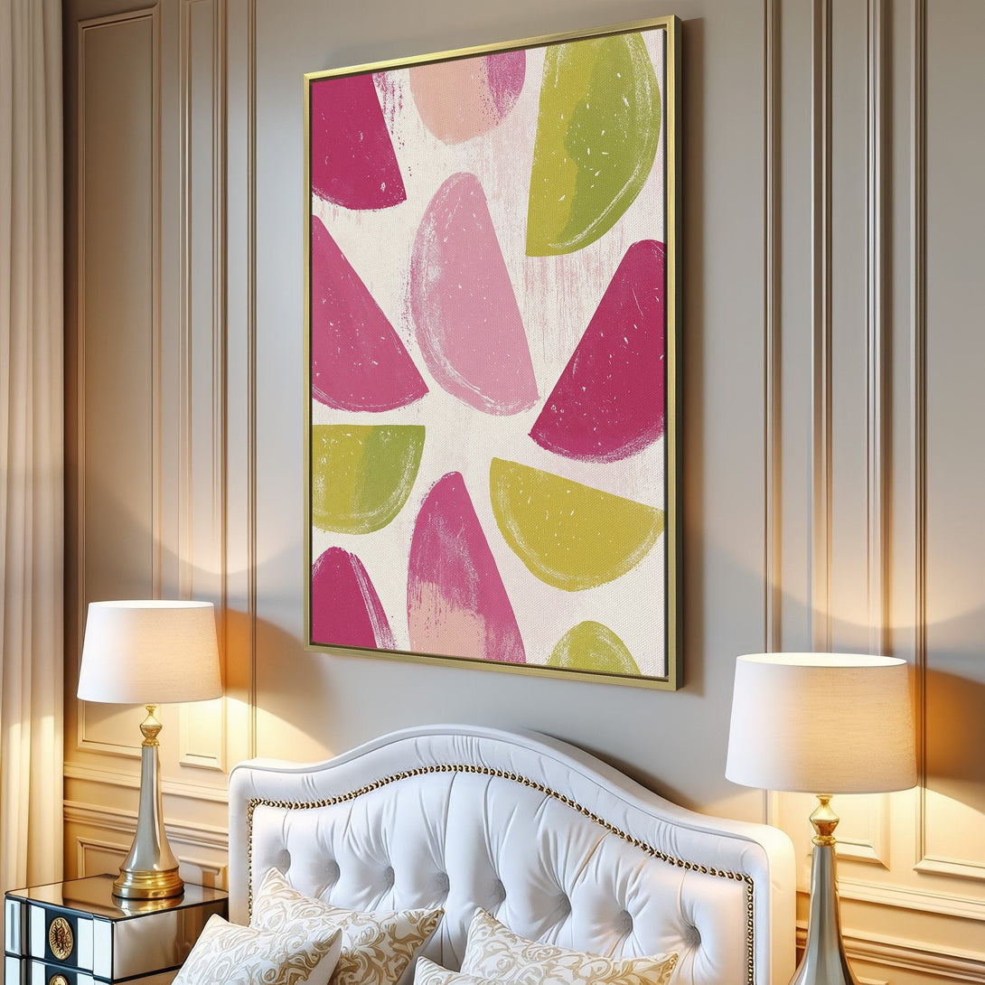 Canvas Print featuring abstract, colorful shapes in pink, green, and yellow. Modern art for a stylish interior.