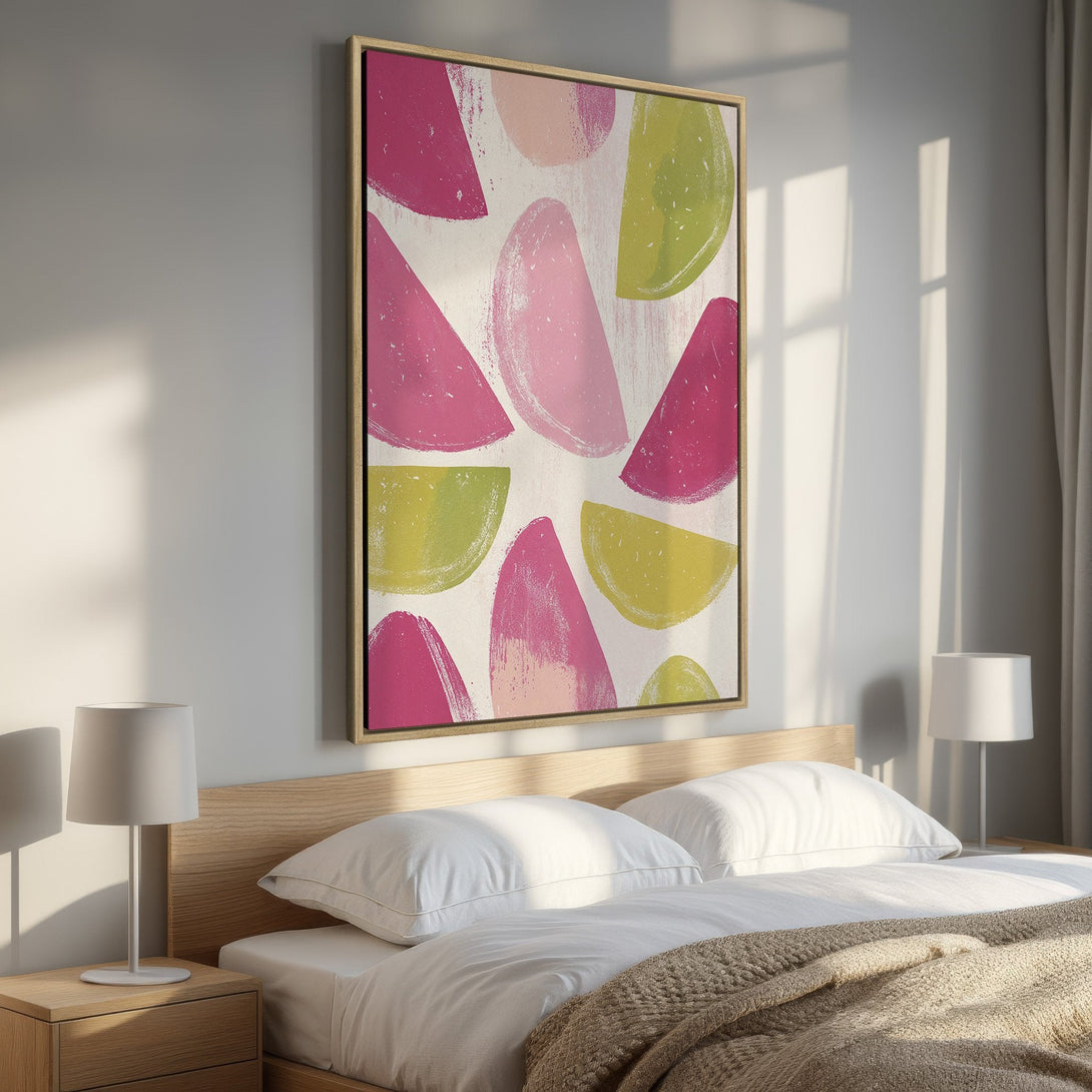 Framed Wall Art featuring abstract brushstroke design in pink and green hues. Modern art for bedroom decor. Canvas Print adds a pop of color!
