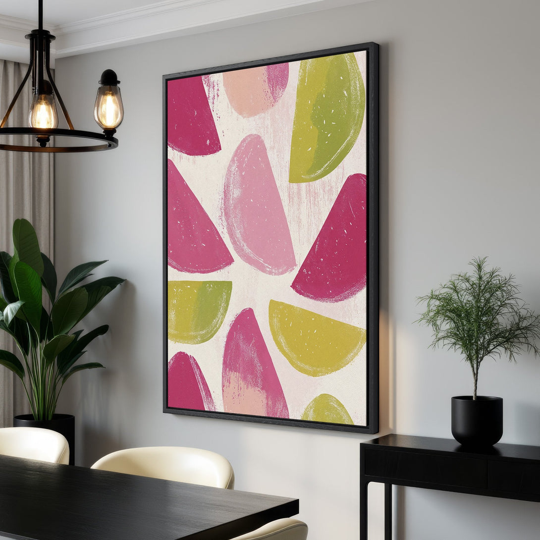 Framed Wall Art featuring abstract fruit shapes in pink and green on a neutral background. Modern art print perfect for adding a pop of color to your home decor.