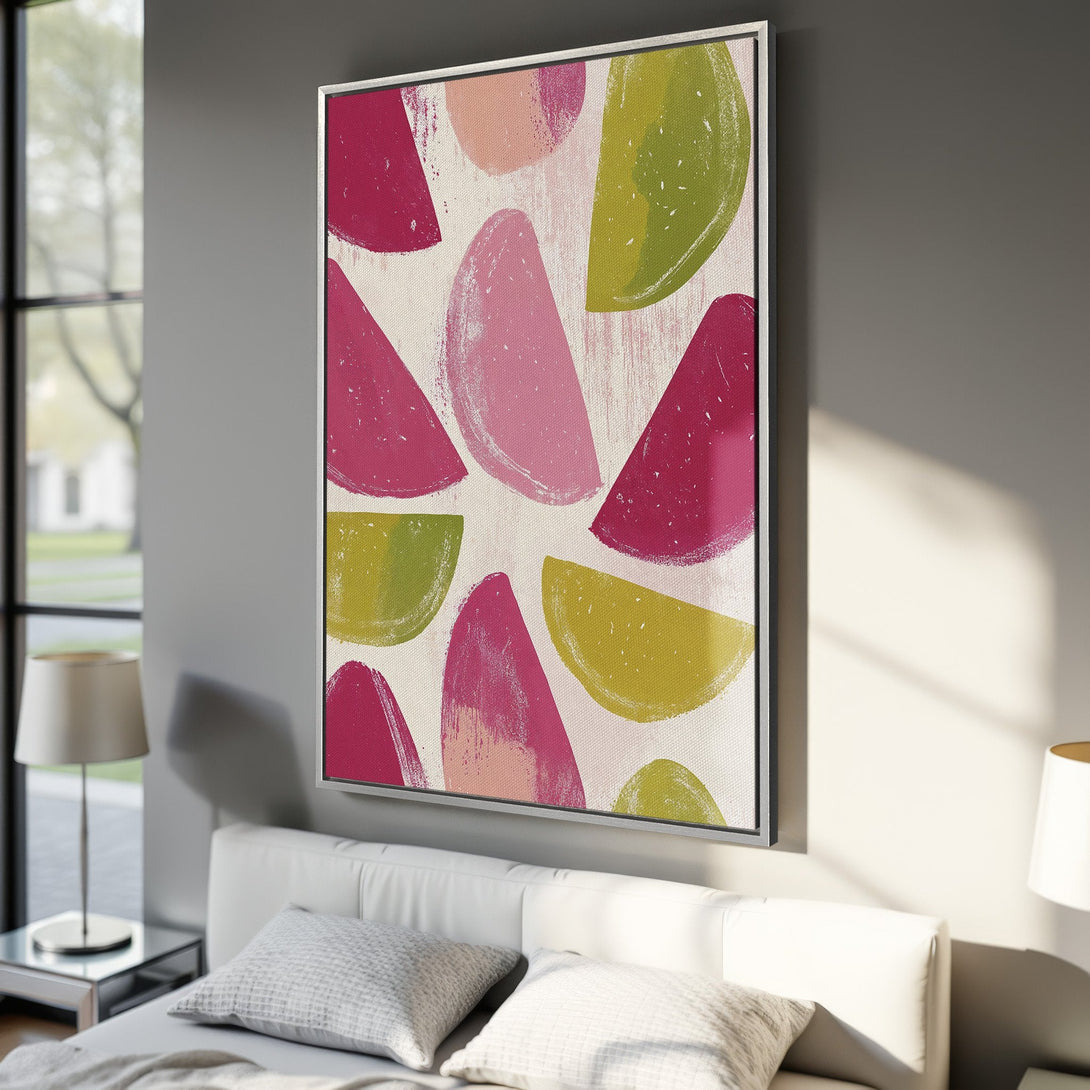 Framed Wall Art featuring abstract brushstroke design in pink, green, and cream. Modern canvas print for bedroom decor.