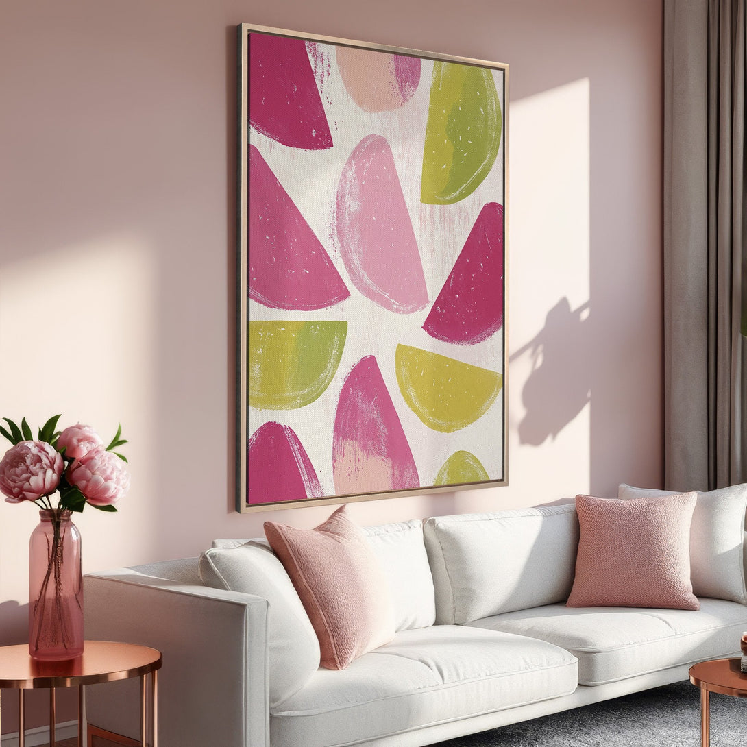 Framed Wall Art featuring abstract pink and green shapes. Modern art canvas print adds a pop of color to any living room. Shop now!