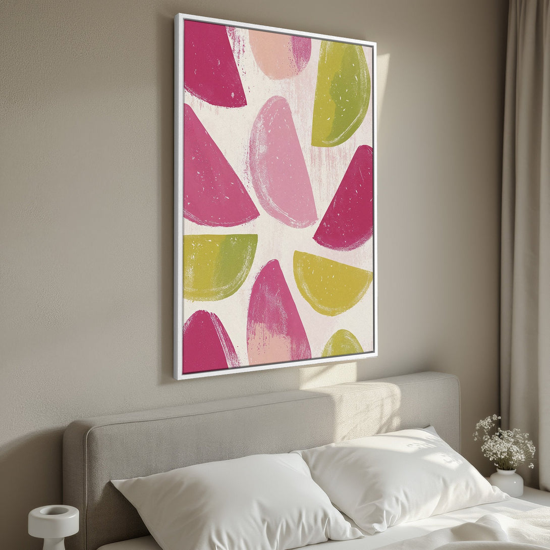 Framed Wall Art featuring abstract fruit slice design in pink and green hues. Modern art canvas print perfect for bedroom decor.