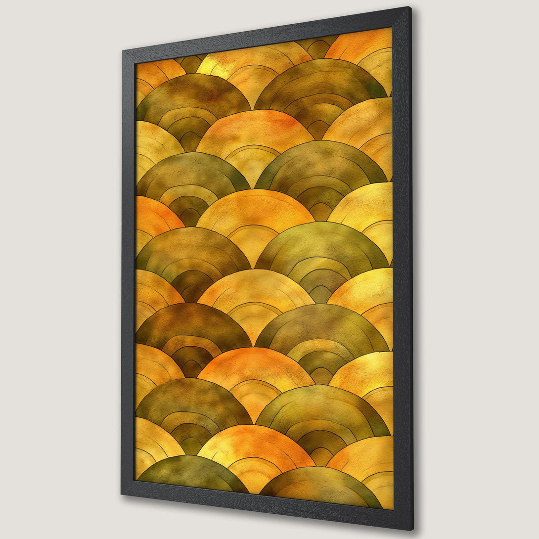 Framed Poster featuring a warm, abstract design with overlapping, semi-circular shapes in a gold and olive color palette.