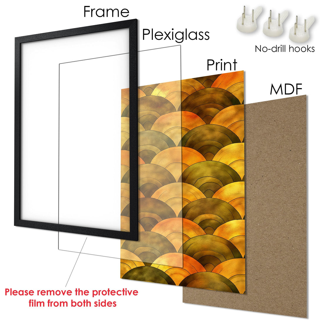 Framed Poster with abstract, geometric design in warm gold and brown tones. Ready to hang art for your home!