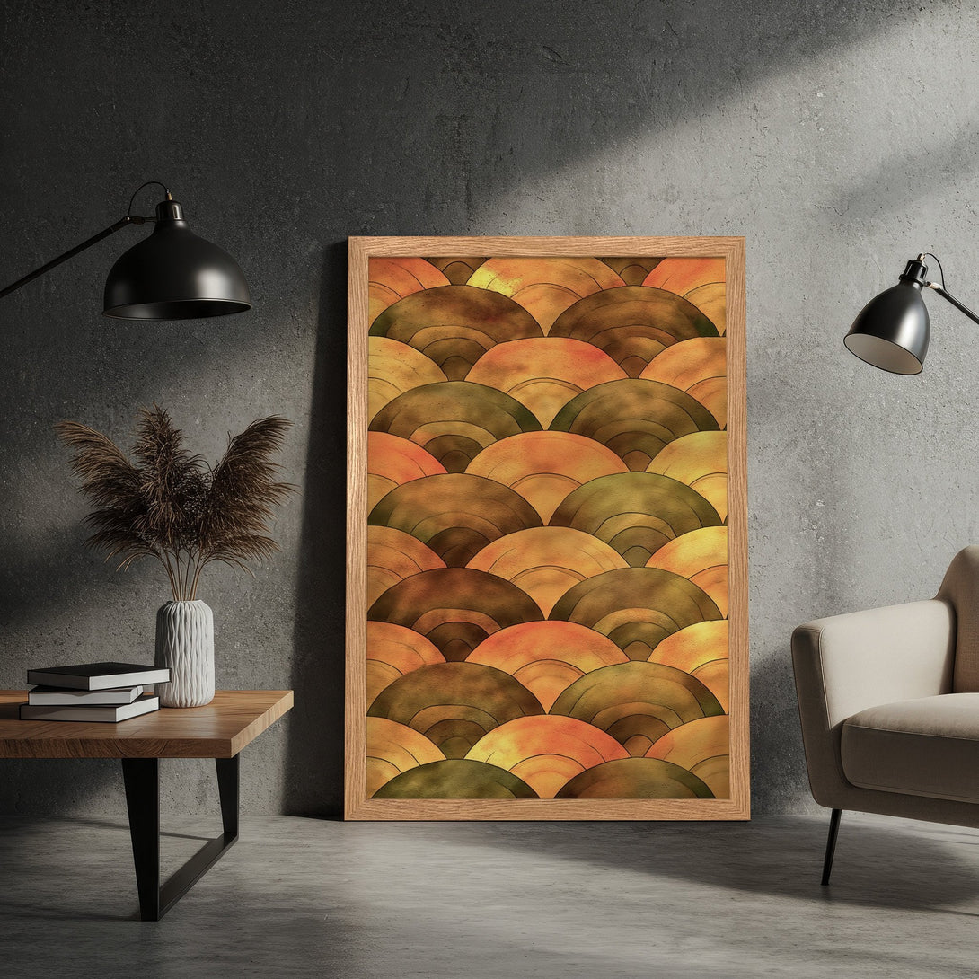 Framed Poster featuring an abstract, geometric design in warm orange and brown tones, perfect for modern decor.
