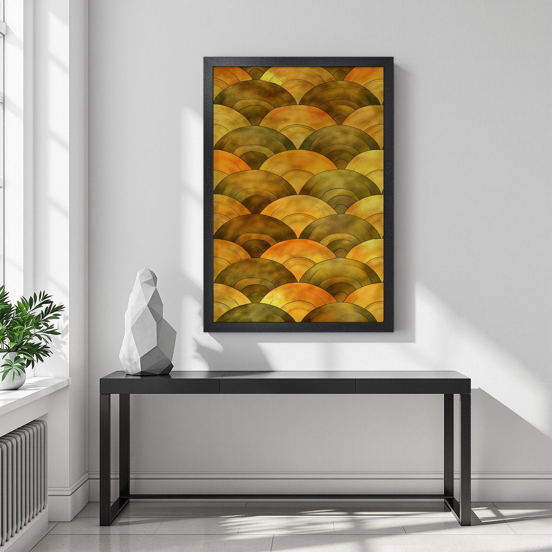 Framed Poster featuring abstract geometric art in warm gold and olive tones, perfect for adding a touch of modern elegance.