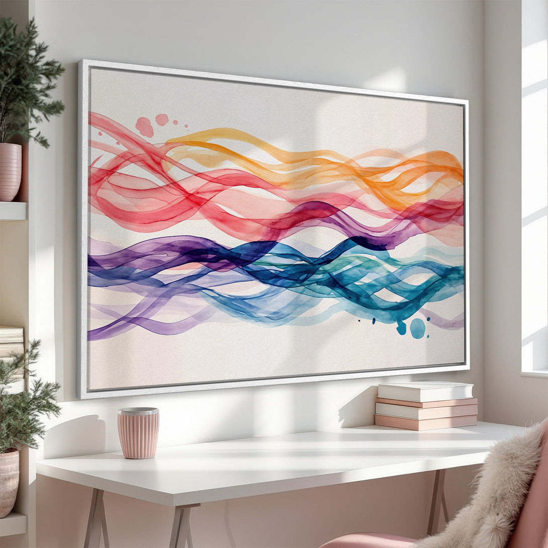 Framed Wall Art: Abstract watercolor waves in red, orange, purple, and blue. Modern art print for home decor.