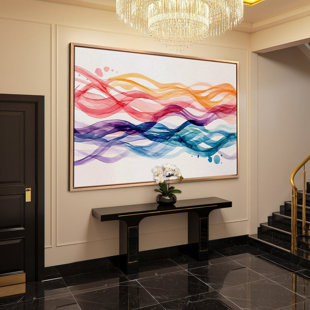 Framed Wall Art featuring abstract watercolor waves in a vibrant red, orange, purple, and blue palette. Perfect for modern home decor.