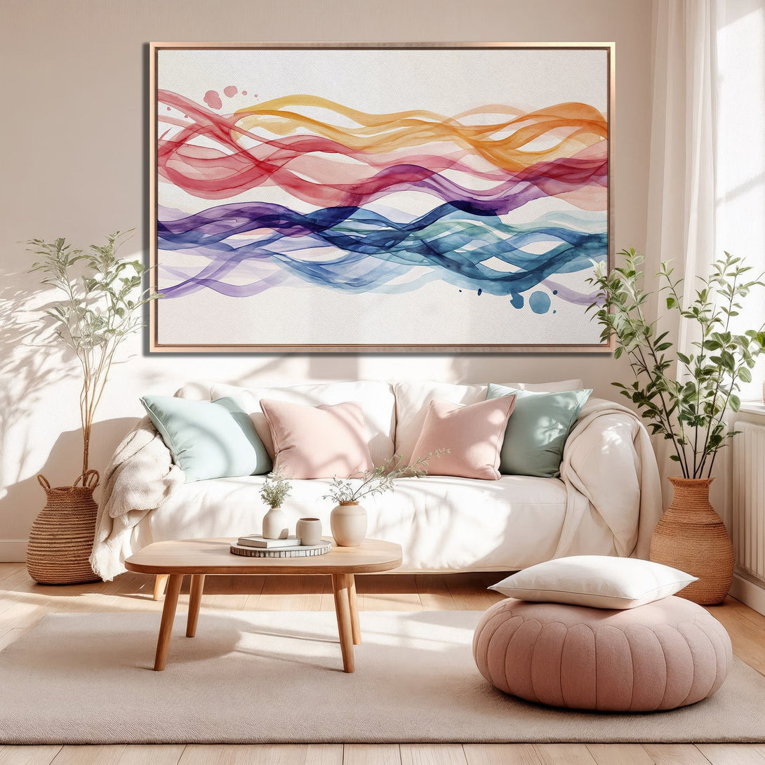 Framed Wall Art: Abstract watercolor waves in warm colors (red, orange, blue) on canvas. Modern wall decor for living room.