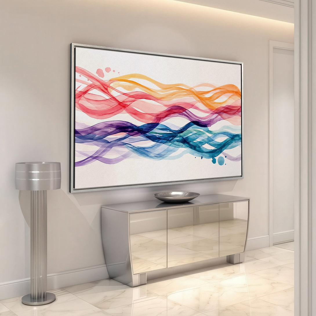 Framed Wall Art featuring abstract watercolor waves in vibrant red, orange, blue, and purple hues, perfect for modern home decor.