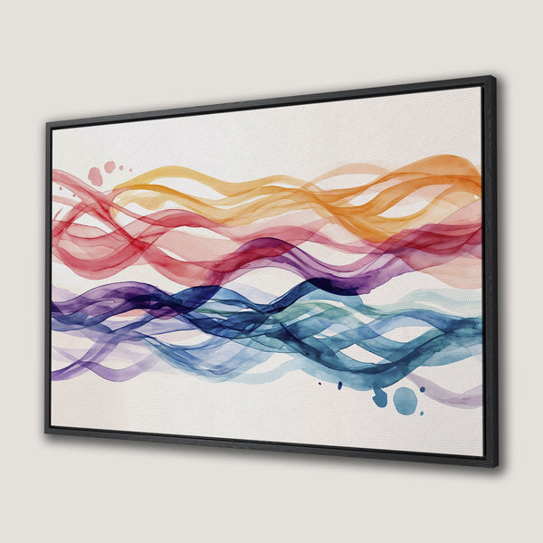 Framed Wall Art featuring abstract watercolor waves in vibrant red, orange, purple, and blue hues. Modern art for your home decor.