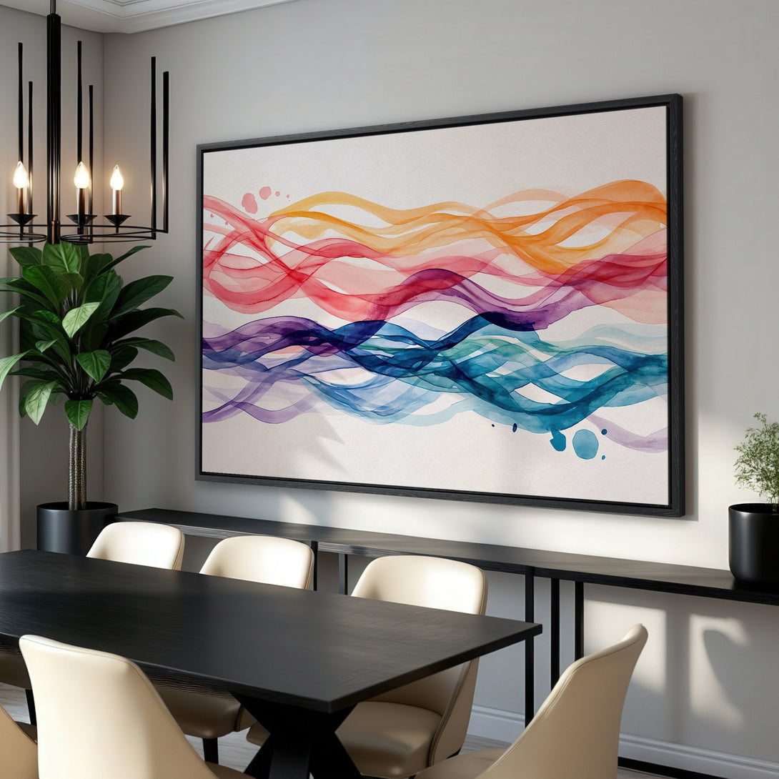 Framed Wall Art: Abstract watercolor waves in vibrant reds, oranges, blues, and purples. Modern art canvas print adds a pop of color to any interior.