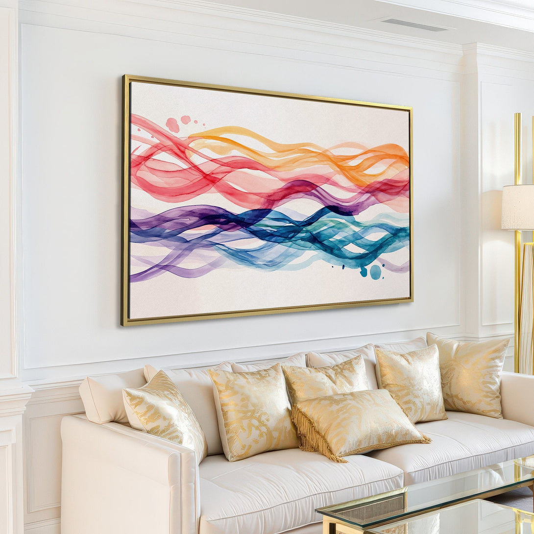 Abstract watercolor Canvas Print in a modern living room. Features flowing lines in a vibrant, colorful palette of red, orange, blue, and purple. Perfect wall art!