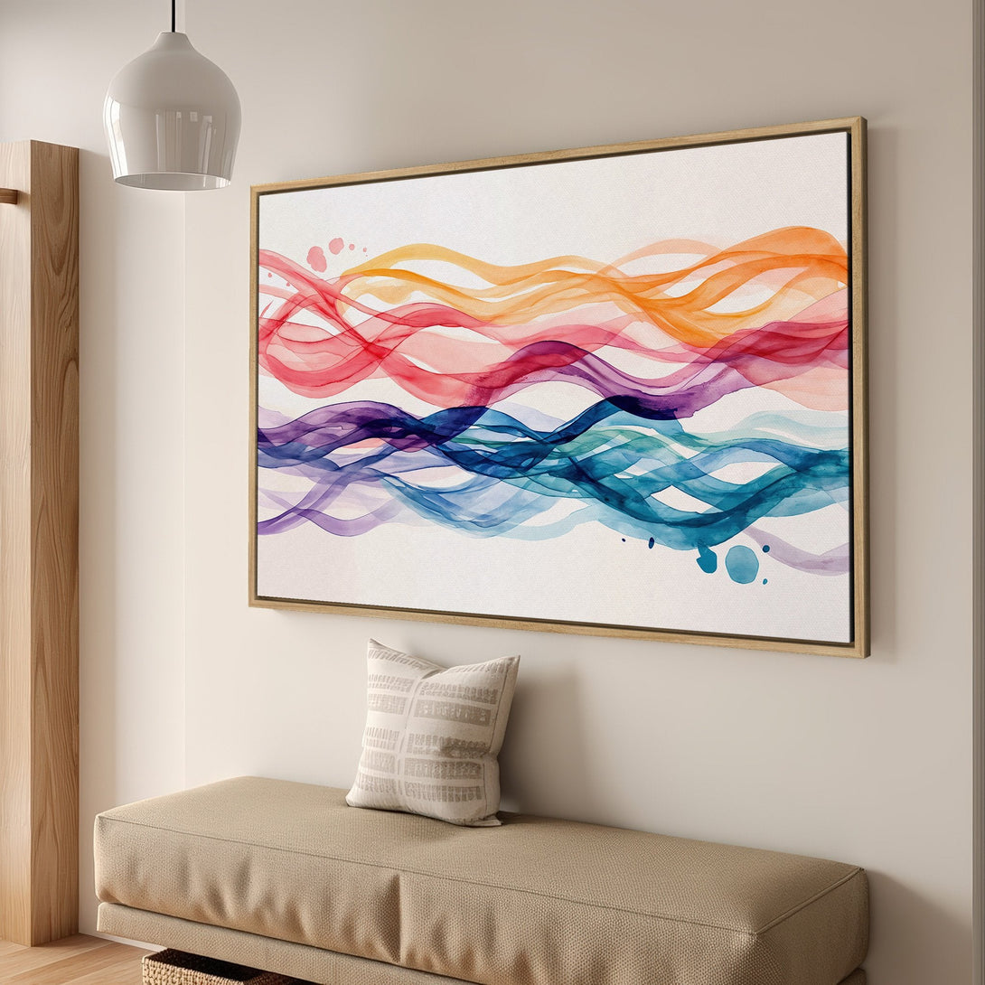 Framed Wall Art featuring abstract watercolor waves in vibrant red, orange, blue, and purple hues. Modern art for a colorful home decor upgrade.