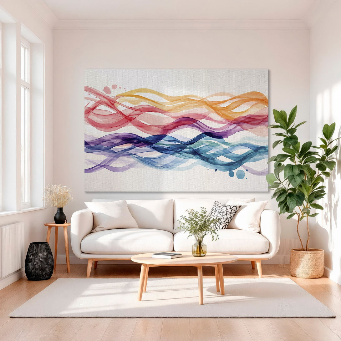 Framed Wall Art: Abstract watercolor waves in vibrant red, orange, purple, and blue hues. Modern art canvas print adds a pop of color to any space.